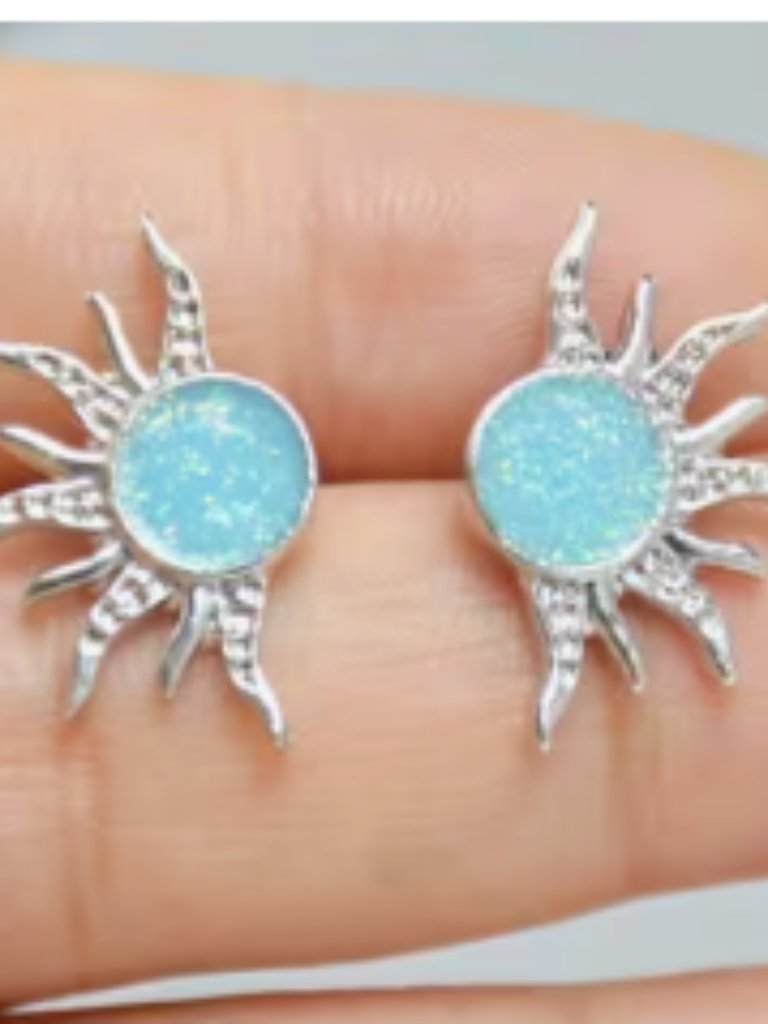 Tiny Sun Stud Earrings - Sparkly Blue Center - Stainless Steel Posts